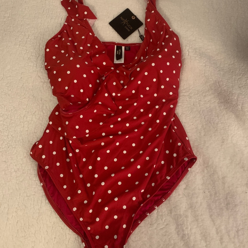 Polka dotted one piece bathing suit